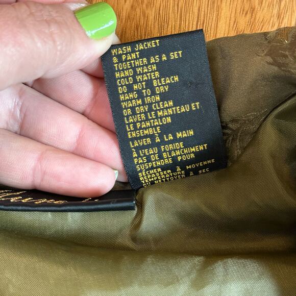 Mureli VINTAGE 100% Silk Green Gold Leaf design jacket & pant windsuit MEDIUM - Picture 4 of 13